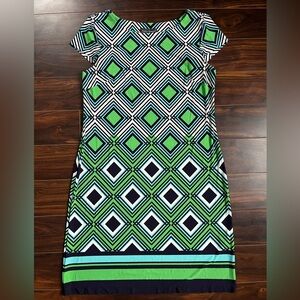 Jessica Howard Green and Navy Geometric Midi Dress, M